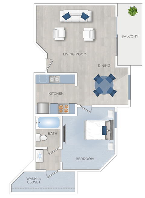 Floor plan for 1 bed, 1 bath, 590 sqft